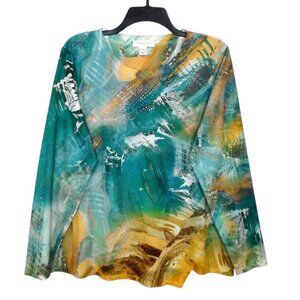 Christopher Banks Knit Top LP Green Gold Round Neck Long Sleeve Embellished